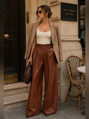 Simonett Comma Faux Leather Wide Leg Pants Brown High Rise Trouser Size M
